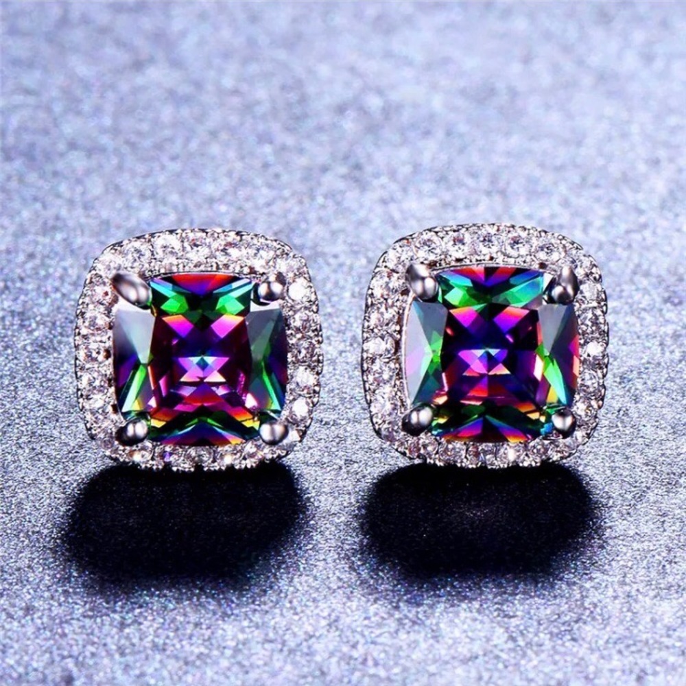 Sterling Silver Rainbow Zircon Stone Earrings - Picture 2 of 5
